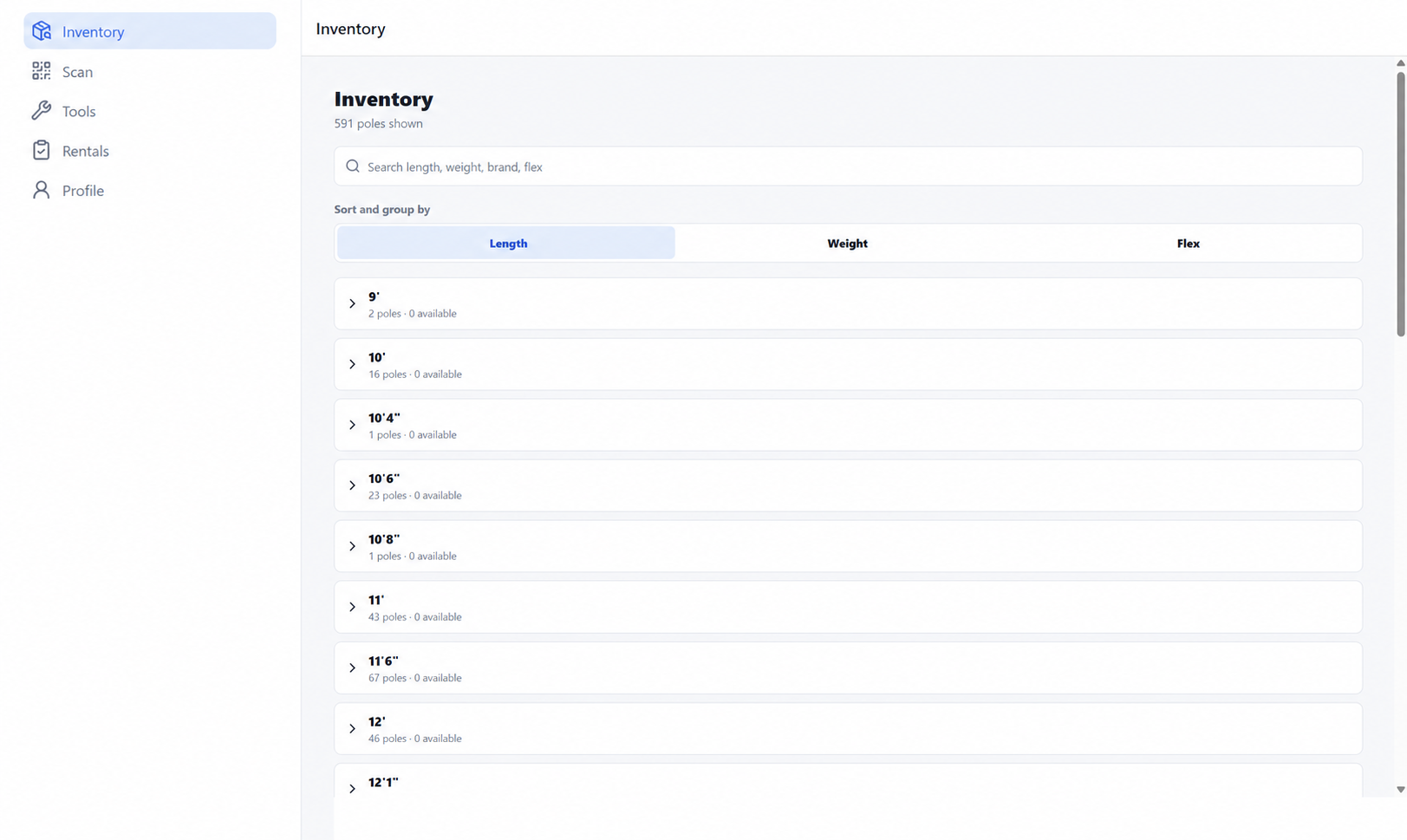 Authenticated Landon Pole Rental inventory browser showing searchable pole groups